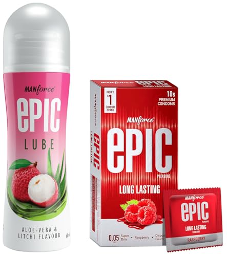 Image of Manforce Epic Pleasure Condoms for Men - 10 Count| Long Lasting| Raspberry Flavour| Disposable Pouch with Manforce Epic Aloe-Vera & Litchi Flavoured Lube - 60ml