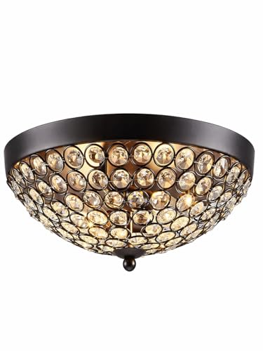 Image of 2-Lights Dome Shape Metal Glass Crystal Chandelier Jhoomar Ceiling Light for Living Room | Modern Flush Mount Crystal Ceiling Lamp | Warm White LED Included
