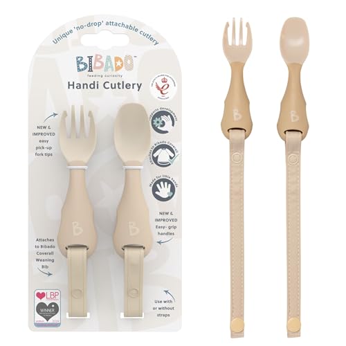 Bibado - Handi Cutlery Set (Mist) - Toddler Cutlery Weaning Set - Baby Spoons & Forks - Use with Coverall Bibs - Detachable Straps - Dishwasher Safe BPA Free - Baby Essentials - 6 Months to 24 Months