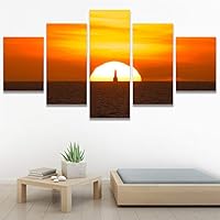 SIGNWIN 5 Panel Canvas Wall Art Coastal Orange Photography Relax/Calm Romantics Sunset Warm for Home Decorations Ready to Hang - 60