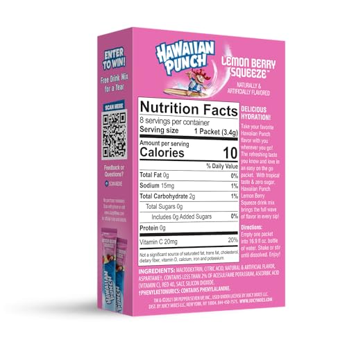 Juicy Mixes Hawaiian Punch Powder Drink Mix – Sugar Free & Delicious, Excellent source of Vitamin C (Lemon Berry Squeeze, 96 Sticks)