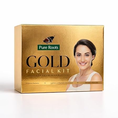 Image of Roots Gold Facial Kit 5 Step for Men & Women | Instant Gold Glow, Skin Brightening & Polishing Facial | Cleanser, Gel, Scrub, Cream & Pack | All Skin Types | 500 g Pack of 1