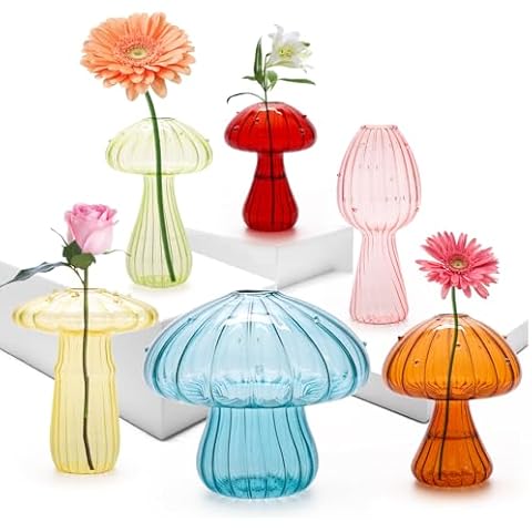 COITEK 6Pcs Mushroom Vase,Colored Glass Vase,Mushroom Propagation Vases for Plants,Cute Hydroponic Flower Vase,Small Bud Vase,Mushroom Planter Home Office Decor for Women Gift Propagation Station Cover