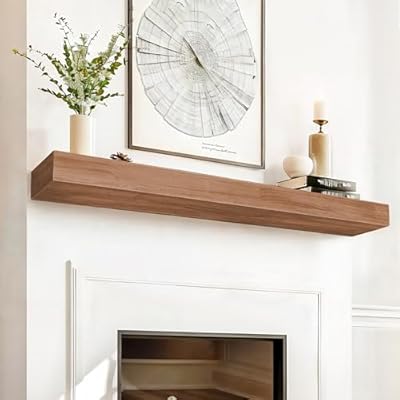 koretech Fireplace Mantel 72"/60"/48" Solid Rustic Wood Floating Farmhouse Shelf Handcrafted Wall Mounted, with Invisible Heavy Duty Metal Bracket (Light Brown, 60'' Long)