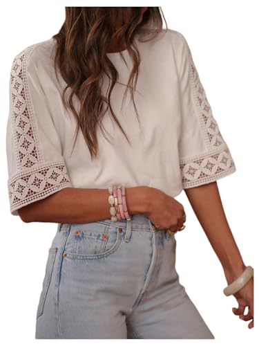 GORGLITTER Women's Embroidered Lace Boho Tops Half Sleeve Crop Crewneck Hollow Out Tee Shirts