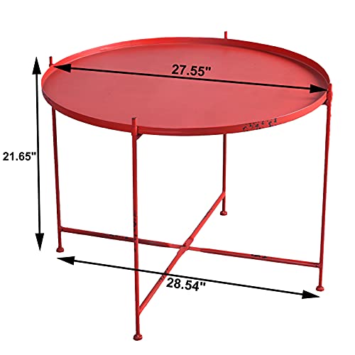 Lisuden Sofa Round Side Table,Tray Metal End Table,Folding Accent Coffee Table,Waterproof And Anti-Rust Outdoor&Indoor Snack Table,(H) 21.65'' X (D) 27.6'' (Aged Red) #TOP1