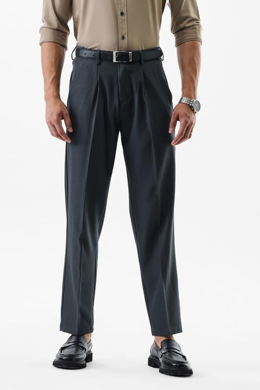 Image of SNITCH Men Formal Trousers | Regular Fit Pleated Front with Turned-Up Hem | Polyester Blend & Medium Stretch Fabric for Office & Winter Wear