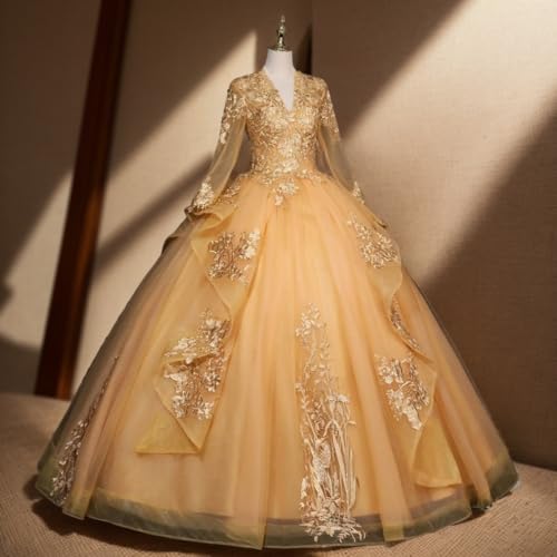 Long Sleeve Quinceanera Dresses Layered Lace Appliques Ball Gowns for Women V-Neck Beaded Sweet 16 Dresses4