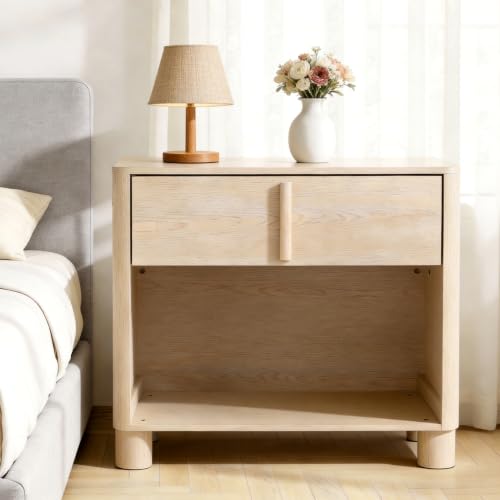 Image of Nightstand Set of 2, 27 inch Wide Natural Wood Grain Bedside Tables with Drawer and Open Shelf, Modern Curved End Tables with Rounded Body and Cylindrical Legs for Bedroom and Living Room,Natural Wood