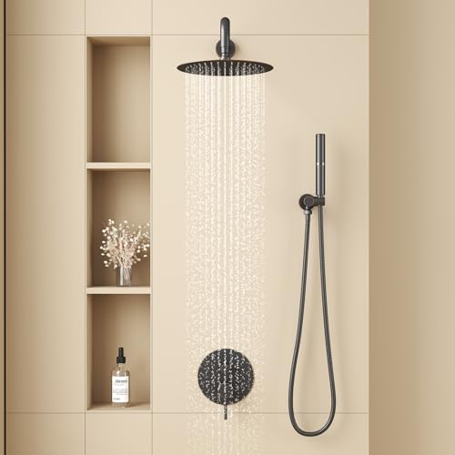 Image of BESy Shower System with 10 Inch Round Rain Shower Head and Handheld Wall Mounted, High Pressure Rainfall Shower Faucet Fixture Combo Set with 2 in 1 Handheld Showerhead for Bathroom, Bronze