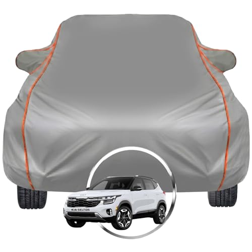 Image of Pivalo Car Cover for Kia Seltos - Fits All Model & Year | 100% Waterproof All-Weather UV & Paint Protection | Premium 3-Layer Fabric | Triple Stitched with Reflective Piping (Grey)