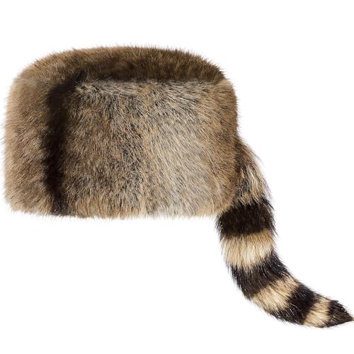 Shyyween Raccoon Hat with Tail for Women Men Faux Fur Coonskin Raccoon Tail Hat Warm Winter Cap for Unisex Cold Weather(Dark Color Classic)