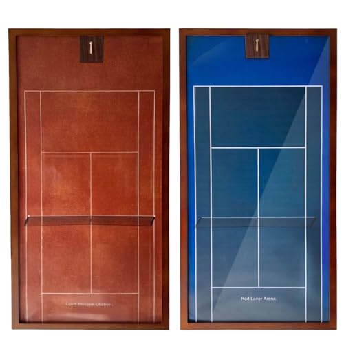 KRINGSIA Premium Wooden Tennis Racket Display Frame with Walnut Base & Copper Hooks – Showcase Your Racket in Style with Four Famouse Stadium Backgrounds (40x80cm) (French+Australian)
