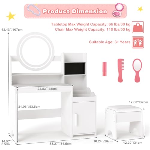 Image of INFANS Kids Vanity with Lights, Princess Makeup Desk with Mirror Storage Shelves, Toddler Table and Chair Set Pretend Play for Girls Aged 4-9 (Cream White)