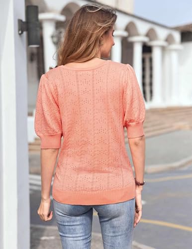 Image of Womens Fashion Short Sleeve Blouses Trendy Square Neck Puff Eyelet Shirts Tops Basic Clothing Orange Pink