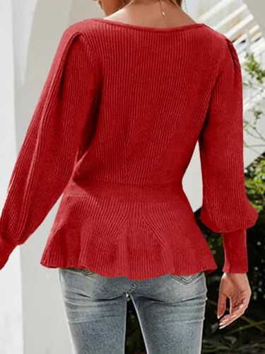 Image of Womens Fall Puff Sleeve Peplum Casual Slim Fit Knit Pullover Sweater Jumper Tops
