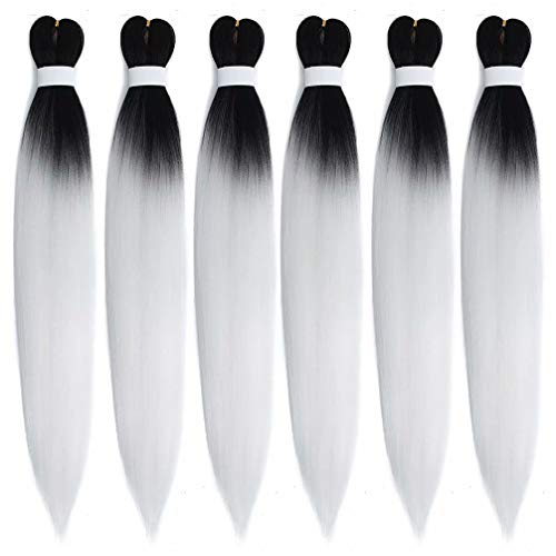 Aigemei Ombre Synthetic Pre-stretched Braiding Hair Hot Water Setting Synthetic Fiber Crochet Hair Extension 6 Packs 24 Inch (#1B/White)