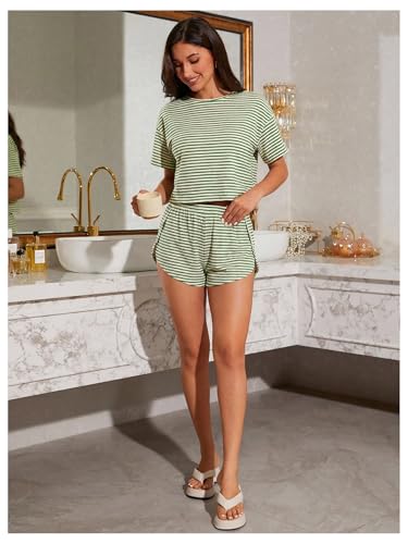 Image of OYOANGLE Womens Pajama Sets 2 Piece Sexy Lounge Sets Summer Cute Pjs Striped Print Tee and Side Split Shorts Set