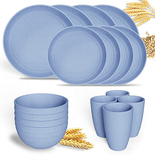 Kewoo Unbreakable Wheat Straw Dinnerware Sets Of 4, 16Pcs Reusable Dinnerware Set，Lightweight Microwave Dishwasher Safe,Plates, Cups, Bowls For R Party, Picnic, Camping, Dorm (Blue) #TOP3