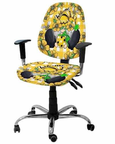 Flower Gnomes 2 Pieces Computer Office Chair Covers Set,Stretchable Desk Rotating Chair Seat Cushion Slipcover Back Covers,Yellow Botanical Floral Plaid Star Bee Slipcover Back Cover,Protectors Cover