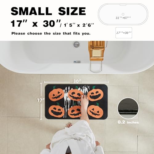 Halloween Bath Mat, Thin Halloween Bathroom Rug Non-Slip Quick Dry Pumpkin Bath Mat Fits Under Door Thin Floor Mat Halloween Decor, 17’’x30‘’, Pumpkins Black
