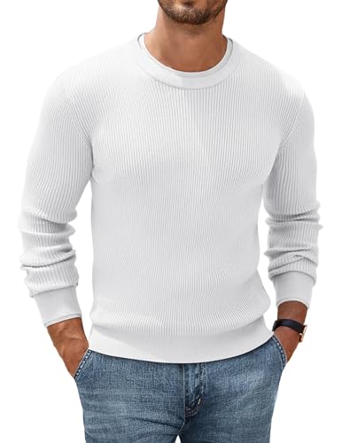 COOFANDY Jersey de punto para hombre con cuello redondo, camiseta básica de punto a rayas estrechas, manga larga, acanalado, ajuste regular, clásico, blanco, S