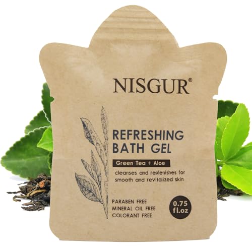 Gel de baño de viaje, 100 piezas, 0.8 onzas, sin plástico, tamaño hotel, bolsa de papel kraft, gel de ducha de viaje, aloe y extracto de té verde suelto, suministros y