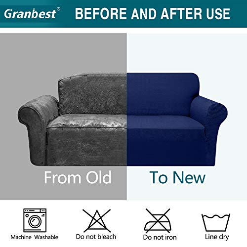 Granbest Sofa Slipcover 1-Piece Striped Sofa Cover For 2 Cushion Couch Thick Luxury Couch Cover For Living Room Soft Furniture Protector Dog Cat Pet Friendly (Medium, Navy Blue) #TOP4