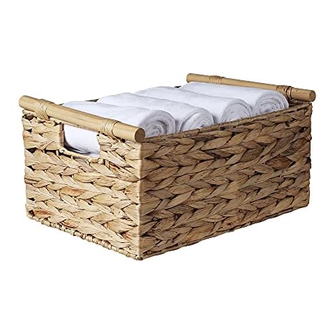 BSTNASI Large Rectangular Wicker Basket With Built-in Wooden Handles, Water Hyacinth Woven Basket for Organizing, Utility Shelves, Towel Storage Basket Cover