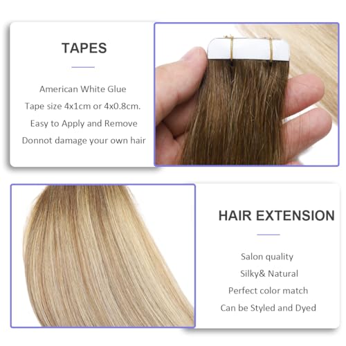 Sindra Tape In Hair Extension 50g 24inch Balayage Ombre Walnut Brown to Ash Brown and Blonde Tape in Remy Hair Extensions 20pcs for Women #3/8/22 24" - Image 4