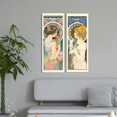 Affiche Alphonse Mucha peinture sur toile vintage Spring and Feather image murale maison 50x120cm