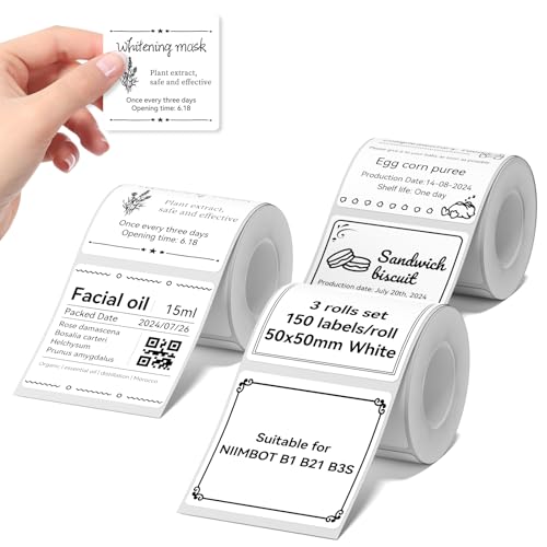 Image of NIIMBOT Labels 3 Rolls Set for B1 /B21 /B31 Sticker Printer, 50x50mm (1.97'' x 1.97'') 150 Labels /Roll, Refill Labeling Tape for Home School Office Small Business (White)