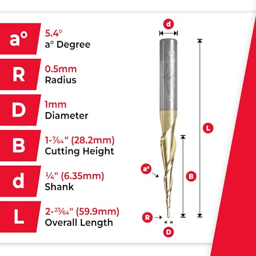Image of Amana Tool Up Cut Spiral CNC Router Bits for 2D /3D Carving, ZrN Coated, 46256, 5.4 Deg Angle Ball Tip x 1mm D x 0.5mm R x 1-7 /64 x 1 /4 Shk x 2 Fl