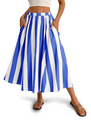 Image of Cicy Bell Womens Summer Striped Maxi Skirts A-Line Beach Vacation Outfits | Elastic Waist, Side Pockets, Flowy, Midi Length, Color Contrast, Trendy Casual