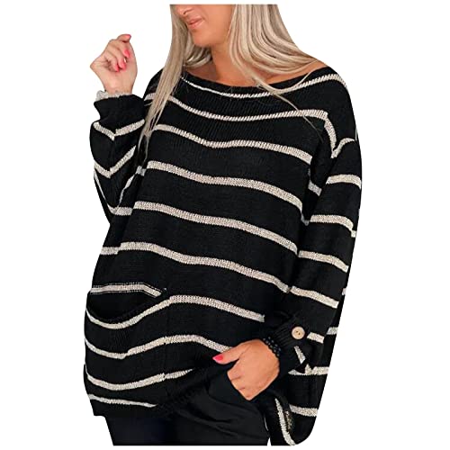 Huankd Heart Shirts For Women, Turtleneck Sweater Tummy Control Dress Women Wool Vest Women's Casual Long Sleeve Color Contrast Stripe Pullover Round Neck Loose Sweater Sweaters White (3Xl, Black) #TOP28