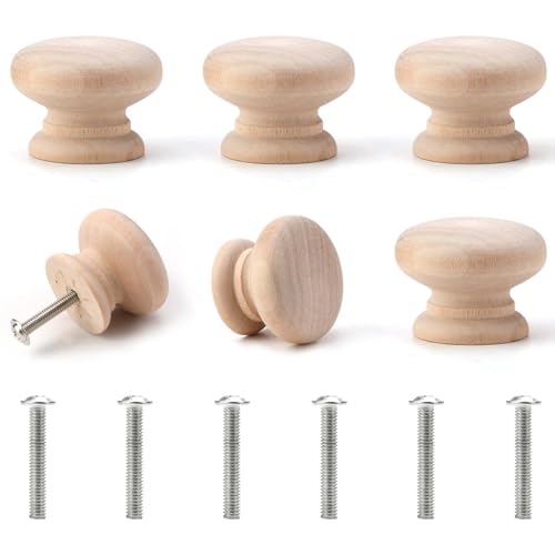 6 Pcs Wooden Cabinet Knobs with Screws, Mushroom Drawer Knobs Natural Unfinished Wood Cupboard Knob Handles Round for Furniture Wardrobe Office Dresser Drawer Pull (35mm*25mm)