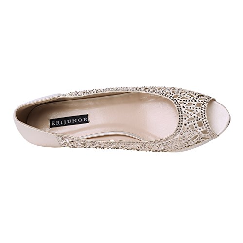 ERIJUNOR Women Peep Toe Pumps Middel Heel Wedges Sparkle Rhinestone Wedding Bridal Shoes3