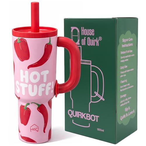 Image of House of Quirk 1200ml Stainless Steel Tumbler with Handle, Straw & Straw Cap | Leakproof Water Bottle | Large Capacity Travel Mug (Hot Stuff)