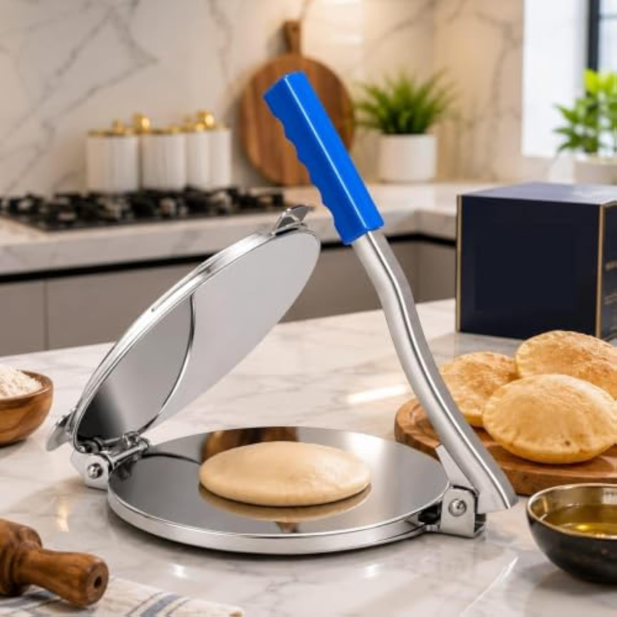 Stainless Steel Tortilla Press with Blue Handle for Roti