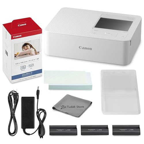 Canon Selphy CP1500 Photo Printer Bundle (White) with KP-108 Paper (108 Sheets) 3 Color Ink Cartridges & Tudak Cleaning Cloth – Wireless Compact Dye-Sub Printer Kit