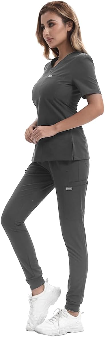 YEZEX Scrubs for Women Set, Medical Scrubs Top and Pants, Women's Jogger Scrub Set with 10 Pockets - Image 2