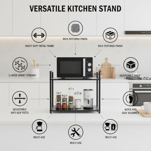 Image of RIZIK STORE Metal Adjustable Microwave Oven Stand for Kitchen Platform | 2-Tier Microwave & OTG Oven Stand with 8 Hooks | Heavy Duty Organizer Rack | Powder Coated (Textured Black)