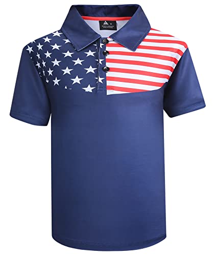 V Valanch Boys Golf Polo Shirt American Flag Print Short Sleeve Casual Shirt(008-Navy Blue-2Xl) #TOP26