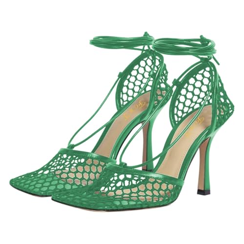 FOWT Women Square Caged Toe Strappy Mesh Pumps Lace up Ankle Strap Stiletto High Heel Sandals Sexy Party Prom Dating Shoes Size 4-16 US