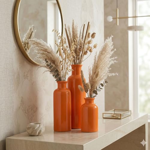 Image of Ceramic Vase Set - 3 Orange Small Vases, Farmhouse Country Flower Vase Home Decor, Living Room Decoration, Table Decoration, Fireplace Decor, and Entrance Decorations Centerpieces
