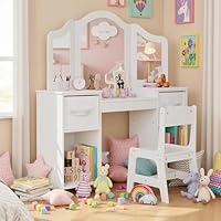 Clevich Kids Vanity Table and Chair Set, 2-in-1 Girls Vanity Set with Removable Mirror & Stool, Princess Toddle Makeup Table with Storage Box, Wooden Desk for Kids (White)