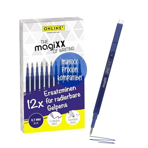 Online 12x radierbare Ersatzminen I Kompatibel mit Pilot Frixion, magiXX I Blau 0,7mm Strichstärke I Ersatzmine für Gelstift radierbar I Nachfüllminen für Gel-Tintenroller mit radierbarer Tinte