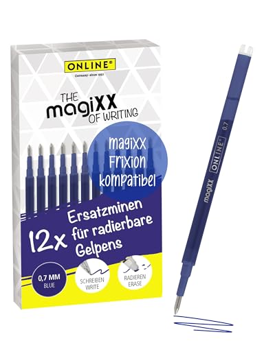 ONLINE 12x radierbare Ersatzminen I Kompatibel mit Pilot Frixion magiXX I Blau 0 7mm Strichstärke I Ersatzmine für Gelstift radierbar I Nachfüllminen für Gel-Tintenroller mit radierbarer Tinte