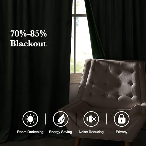 Image of RYB HOME Army Green Velvet Curtains 96 inches for Living Room Bedroom | Thermal Insulated, Privacy, Sunlight UV Heat Blocking, Luxurious Decor, Dining Room Nursery, Rod Pocket, W52 x L96, 2 Panels