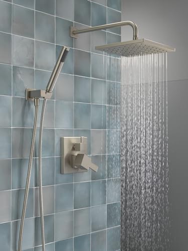 Image of Delta Modern 14 Series Square Rain Shower System Faucet Set, Rainfall Brushed Nickel Shower Head and Handle Set, Valve Trim Kit, 10 Inch, Spotshield Stainless T342701-SP (Valve Not Included)